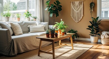 Serene living room oasis bathed in warm sunlight, showcasing a cozy sofa, natural textures, and an abundance of vibrant houseplants creating a peaceful sanctuary.