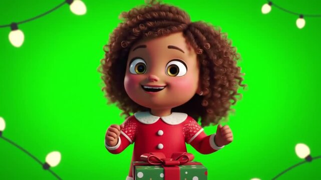 A cartoon-style girl with curly hair smiles while holding a Christmas present, surrounded by festive string lights against a green background.