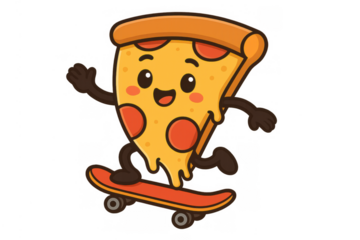 Happy pizza slice cartoon character riding a skateboard, waving hand, expressing joy and energy, transparent background