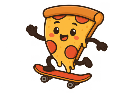 Happy pizza slice cartoon character riding a skateboard, waving hand, expressing joy and energy, transparent background