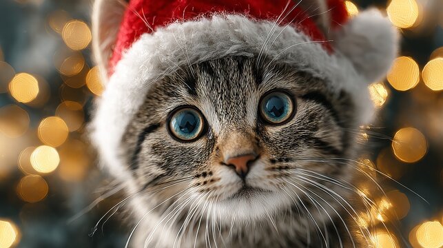 Adorable cat in Santa costume close up Christmas pet portrait with blurred tree lights and warm golden bokeh festive holiday animal photo for greeting cards and seasonal marketing