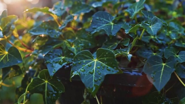 Macro 8K video of water droplets on ivy leaves in a clamp-mounted planter, softly lit by morning light. Crisp focus on metal hardware and lush herb foliage. Ideal for gardening or lifestyle visuals.