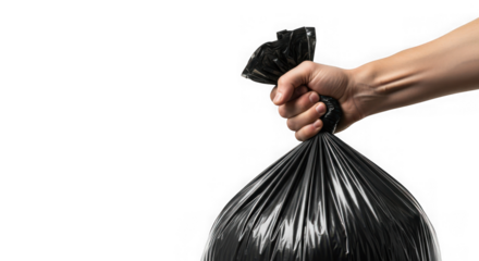 Hand holding a black trash bag for disposal