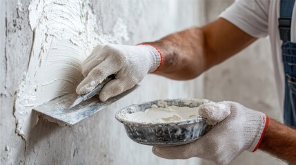 Professional construction worker hands applying plaster or putty to a rough wall surface.
