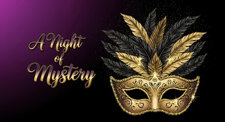 A Night of Mystery Masquerade Ball Invitation with Elegant Gold and Black Feathered Mask on a Dark Purple Background