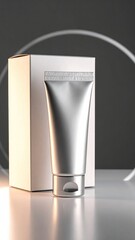 Silver tube sits by a white box, dark grey background