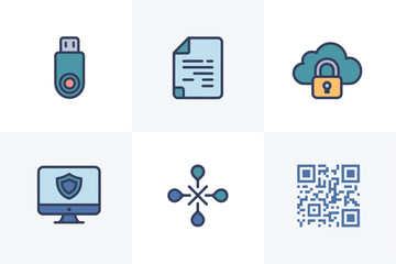 Flat vector icons for data protection, featuring cloud, usb, monitor, representing security, files, and networking,