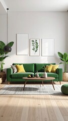 Bright room w/ green sofa, art, plants, wooden floor