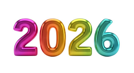 Colorful metallic balloons forming the year 2026 on a black background