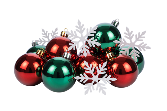 Red and green christmas ornaments with snowflakes isolated on transparent background