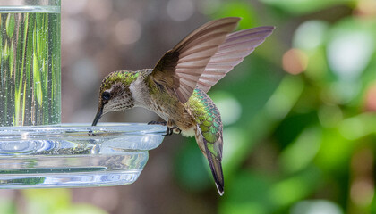 Fototapeta premium Green Hummingbird Drinking from Feeder in Garden