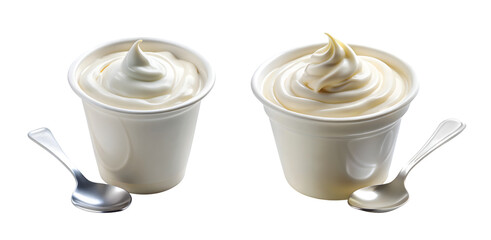 Yogurt Cup and Spoon Display: Open cup of creamy white yogurt with silver spoon dipped inside, swirl texture visible, PNG format.
