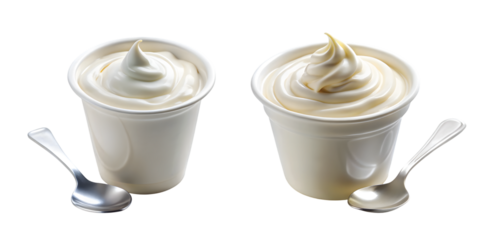 Yogurt Cup and Spoon Display: Open cup of creamy white yogurt with silver spoon dipped inside, swirl texture visible, PNG format.