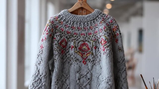 A cozy, gray knitted sweater with intricate red, yellow, and white patterned yoke