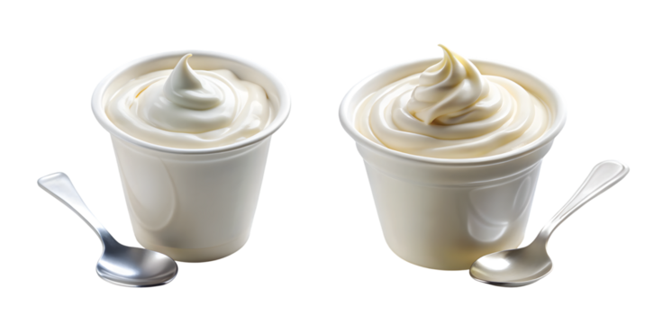 Yogurt Cup and Spoon Display: Open cup of creamy white yogurt with silver spoon dipped inside, swirl texture visible, PNG format.