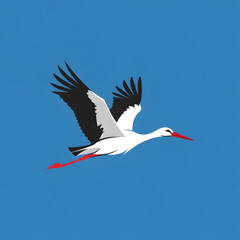 Fototapeta premium Single Vector This minimalist logo features a stylized stork in flight against a solid blue background, white, flying, fauna, flight, birth, red, ciconia ciconia, black