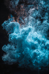 Blue flame on black background with smoke and reflection, close-up of burning blue fire and white flames, abstract dynamic light concept for design