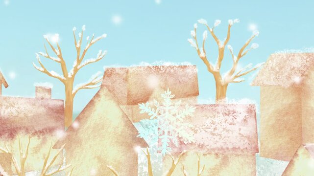 雪の舞う冬の町をゆったりと眺める水彩アニメーション。幻想的なクリスマス背景。