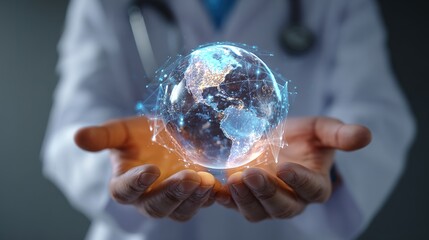Physician holding futuristic glowing digital earth globe in hands, symbolizing global health networking