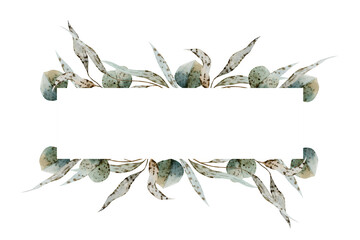 Obraz premium Watercolor texture leaves illustration frame isolated on white background. Floral elements for print, cards, design, invitation. Hand painted horizontal.