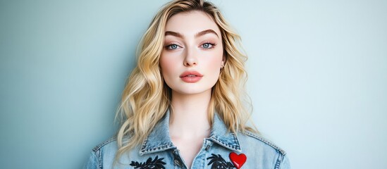 Blonde woman with blue eyes wearing a denim jacket