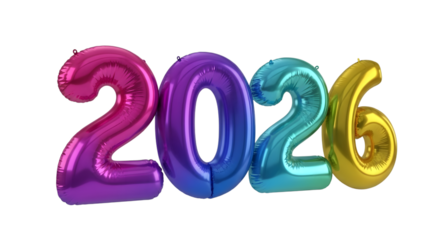 Colorful metallic balloons forming the year 2026 against a black background