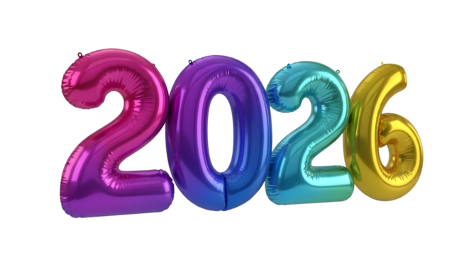 Colorful metallic balloons forming the year 2026 against a black background