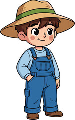 Cartoon child dressed as farmer with green hat, smiling rural character illustration for agriculture, village, kids education, and harvest themes