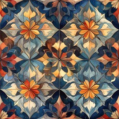 A symmetrical pattern with ornate floral and leaf-like designs. Warm orange, blue, and brown hues create a decorative, abstract composition