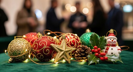 Vibrant Christmas holiday decorations featuring red and gold ornaments, a charming snowman, and twinkling lights on a plush green table with blurred people in the background.