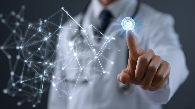 Doctor touches virtual medical cross icon linked to abstract glowing data network interface