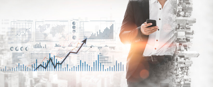 A businessman interacts with his smartphone among city skyscrapers, showcasing digital market trends and data, symbolizing financial success and modern business strategies. Scalp