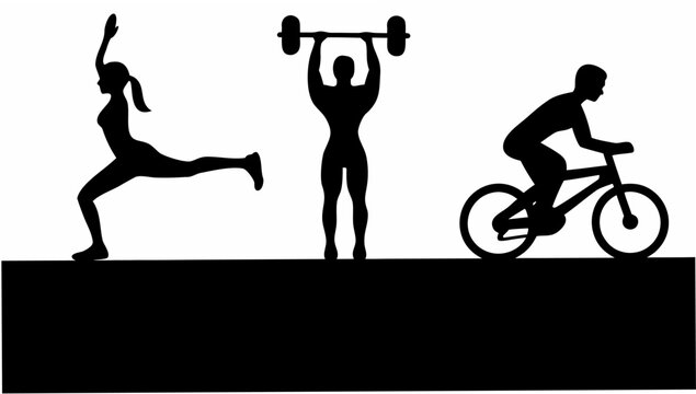 Dynamic fitness lifestyle showcasing yoga, weightlifting, and cycling for health and wellness, perfect for inspiring active living and sports related content