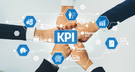 A dynamic visual representation of teamwork focusing on key performance indicators, with hands symbolizing collaboration over digital icons for strategy and goals. Amity