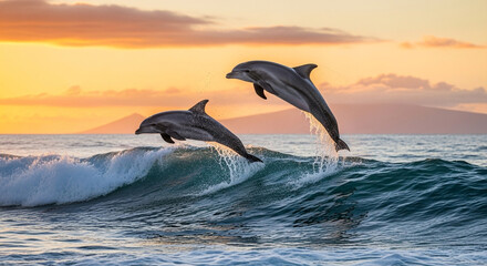 Fototapeta premium Graceful dolphins leaping over ocean waves at sunrise, a stunning display of nature's beauty, perfect for travel, environmental, and inspirational content
