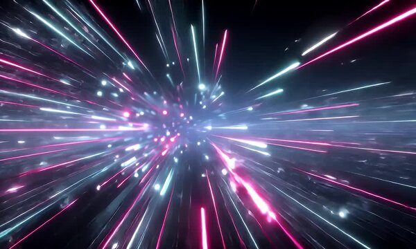 Dynamic abstract background featuring vibrant streaks of colorful light flowing across a dark canvas with a subtle texture and graphic elements on the sides