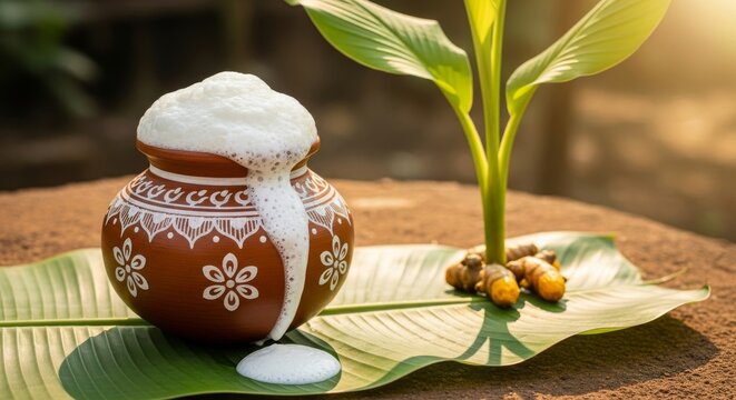 Pongal festival clay pot with overflowing milk, banana leaves and turmeric plant under sunlight