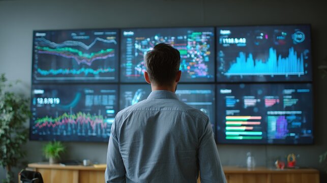 Businessman monitoring financial data on wall screens with charts and graphs in a modern office.