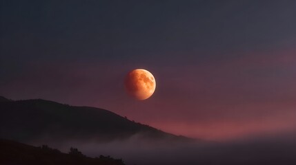 A dramatic blood moon rises over misty mountains at dusk casting a red glow across the twilight sky
