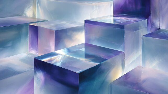 Abstract geometric background with multiple iridescent blue and purple glass cubes texture.