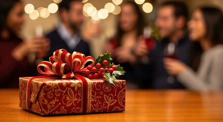 Festive red gift box with golden ribbon and holly on a wooden table, with blurry friends celebrating in the background, perfect for holiday season and special occasions