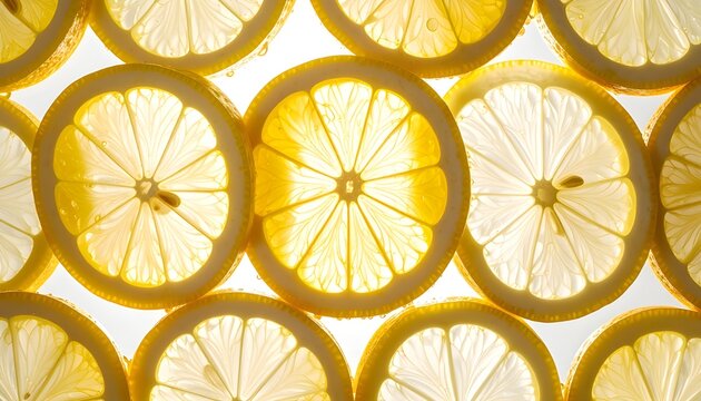 Close-up of translucent lemon slices backlit, creating a vibrant yellow pattern with a glowing effect, perfect for food and drink themes