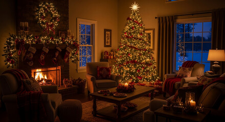 Cozy Living Room Christmas Background with Fireplace and Tree