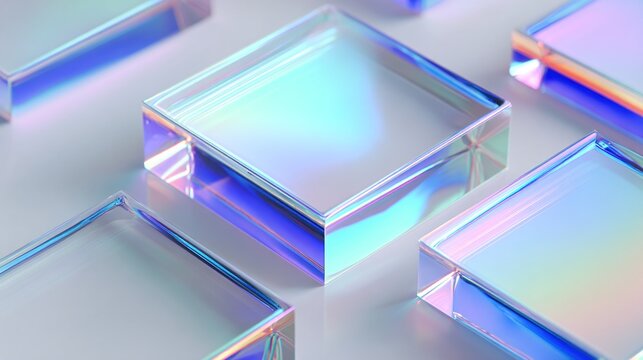 Geometric arrangement of iridescent glass cubes reflecting holographic gradient colors.