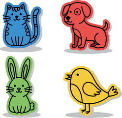 Colorful Cartoon Animal Set Cat Dog Rabbit and Bird Illustrations.