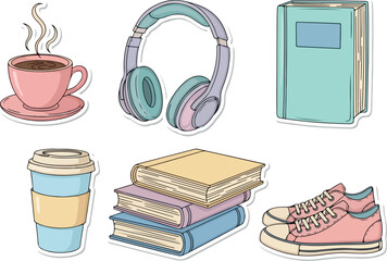 Cozy Study Essentials Coffee Books Headphones and Sneakers.