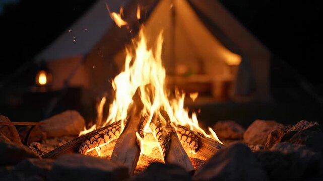 Campfire burning brightly in the night, campsite background scene