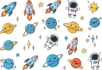 Cute Space Cartoon Set Astronauts Rockets Planets and Stars.