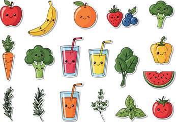 Cute Fruit and Vegetable Stickers Healthy Food Kawaii Style.
