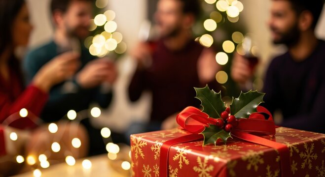 Close-up of a festive red gift box with holly and ribbon, with a blurred group of friends celebrating a holiday party in the background